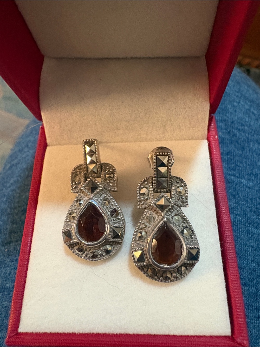 Vintage Teardrop Red Garnet With Marcasite Dangle Earrings Set in Sterling